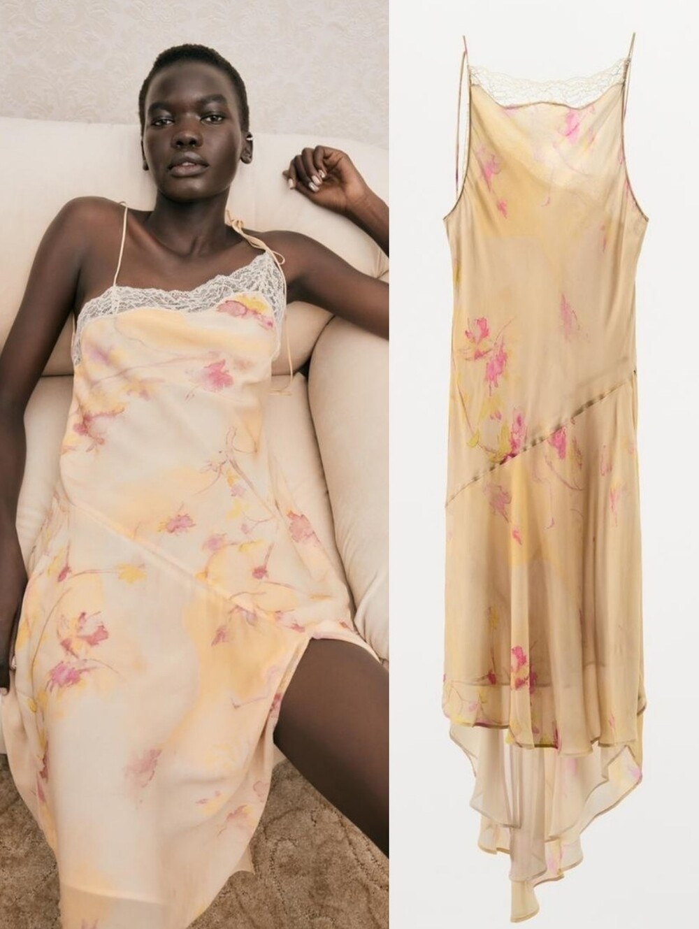 ZARA Flowing Printed Slip Midi Dress Asymmetrical Hem & Neckline - Light Tan - Picture 2 of 4